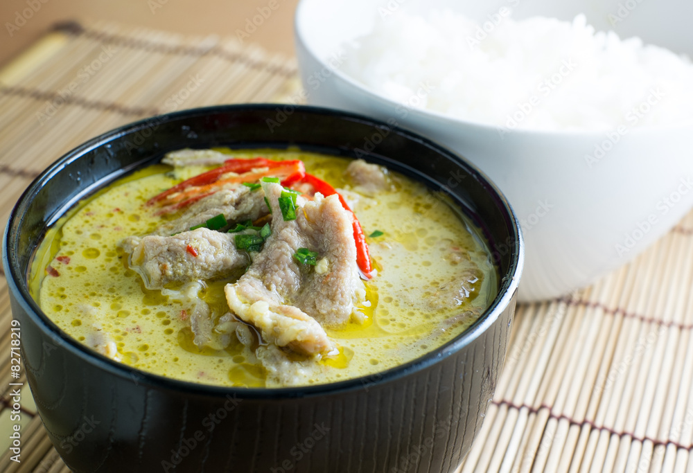 Green pork Curry with rice , Thai cuisine