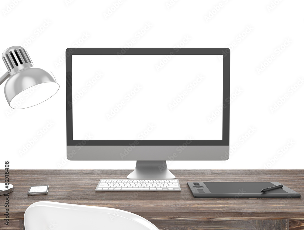 Fototapeta premium 3D illustration PC screen on table outdoor Workspace