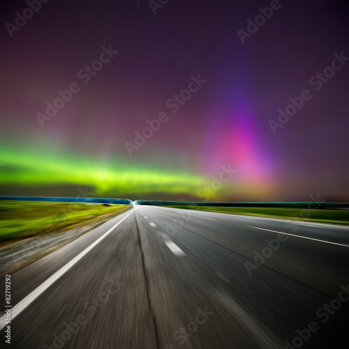 Northern lights (Aurora borealis) on road
