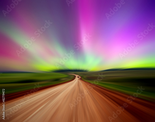 Road with Northern lights (Aurora borealis) Izhevsk 17.03.2015
