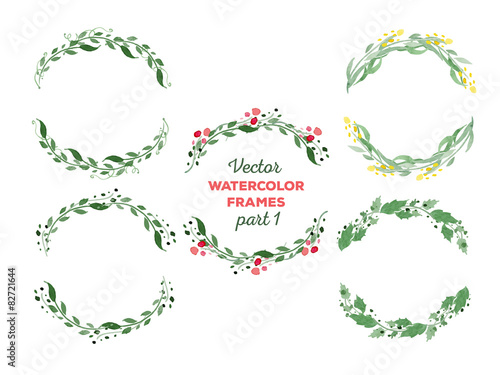 Vector watercolor wreaths and separate floral elements for custo photo