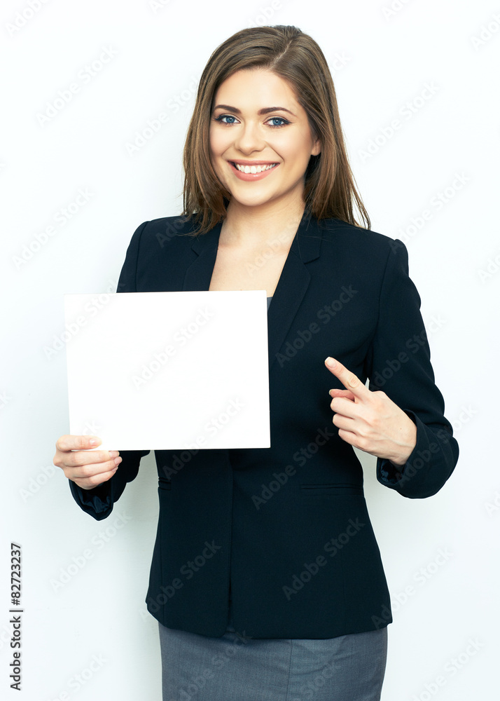 Business Woman figer pointing on white sign board. Business Woman figer pointing on white sign board.