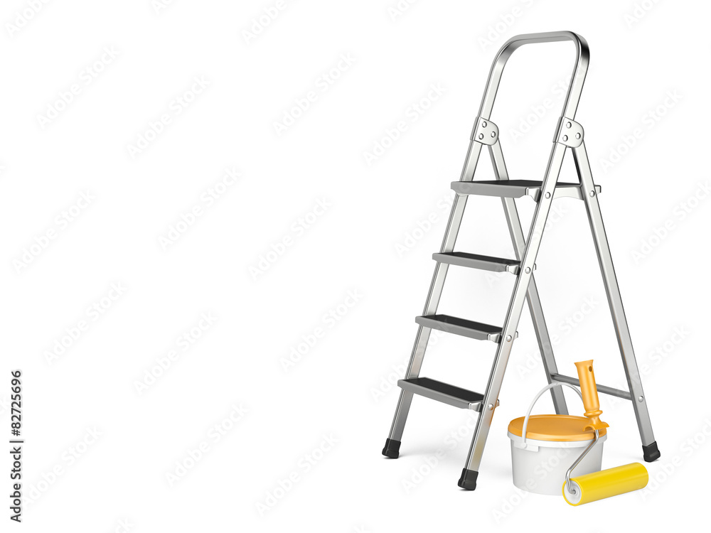 Home Improvement. Ladder, paint can and paint roller Home Improvement. Ladder, paint can and paint roller