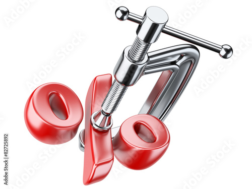Clamp and red percent symbol. Discount concept. photo