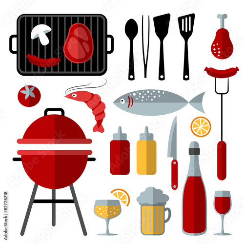 Set of barbecue food and utensils elements, flat design, vector