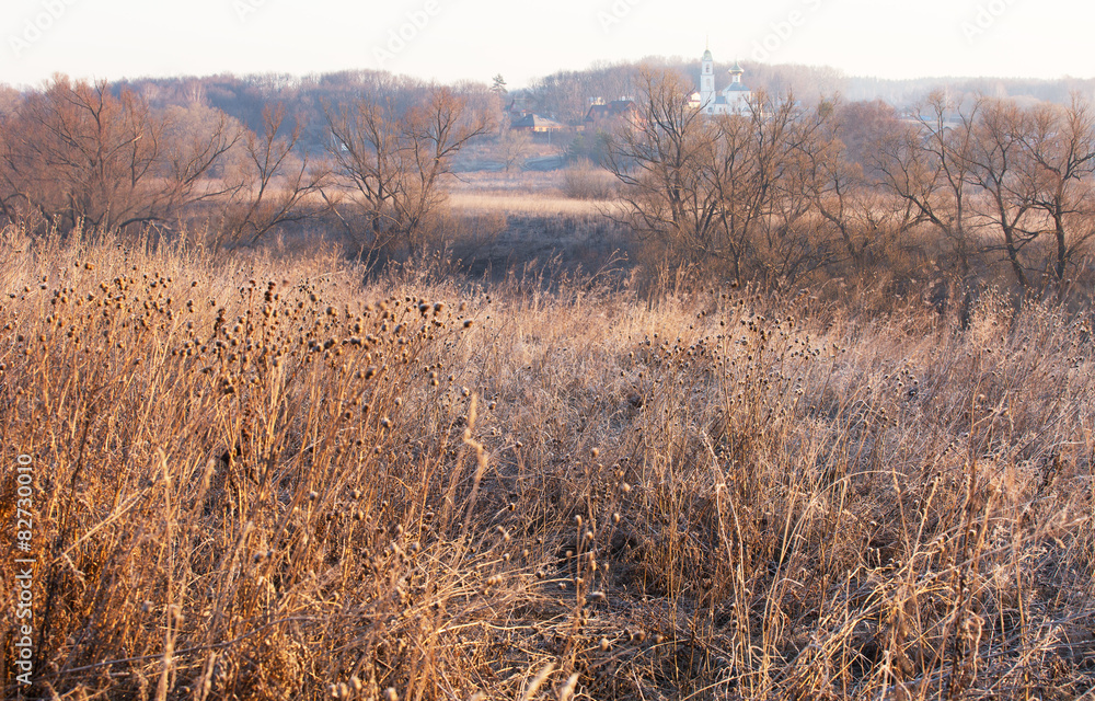 Rural landscape with church on a distance shot Rural landscape with church on a distance shot