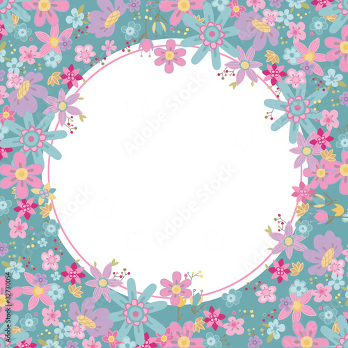 Collection of colorful flowers on a blue circle frame