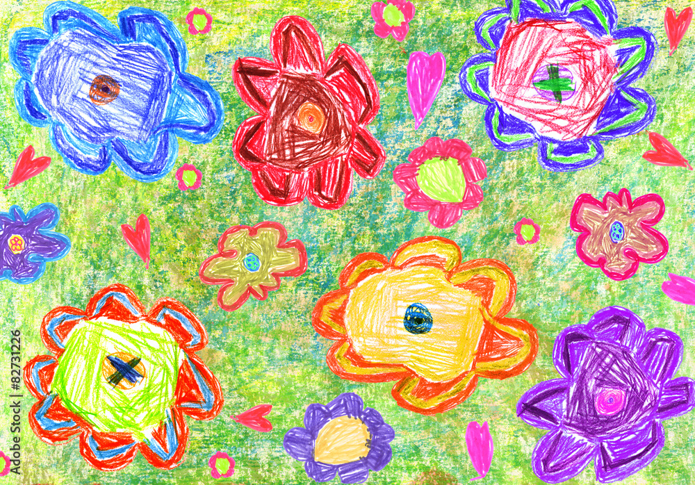 Naklejka premium Colorful Child's Drawing of flowers