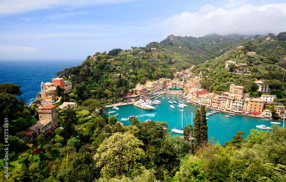 Aerial panorama of Portofino, Italy. View from Castle.