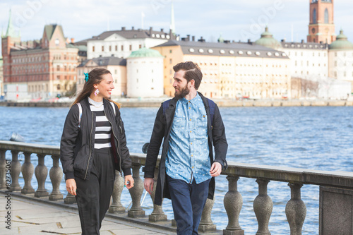 Canvas Print Young hipster couple visiting Stockholm