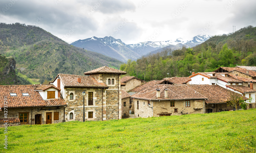 Mogrovejo Village in front of the Picos de Europa, Cantabria, Sp