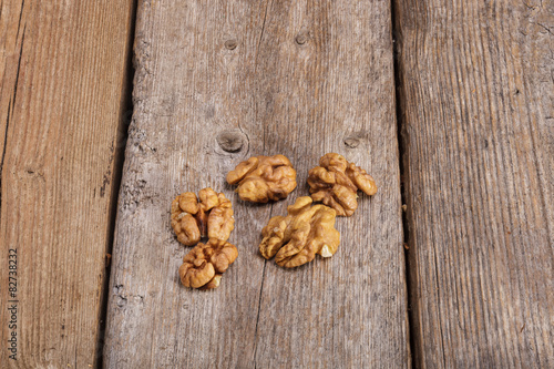Raw Organic Walnuts on rustic old wooden table