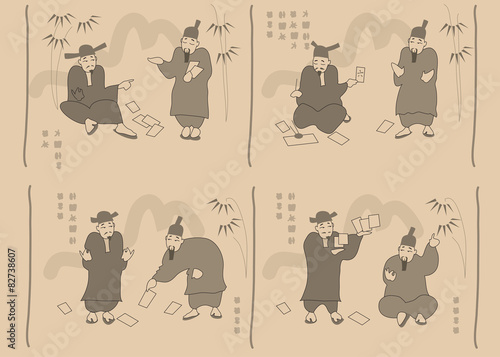 Chinese elder, sage drawing on rice paper. Vector