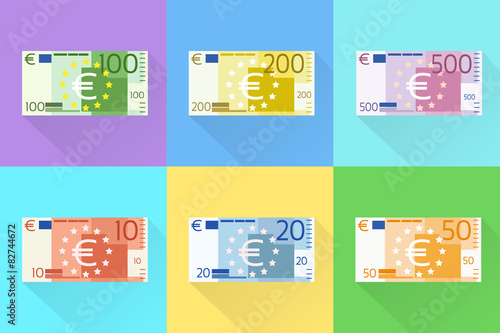 Euro Banknote Set Flat Design with Shadow Vector