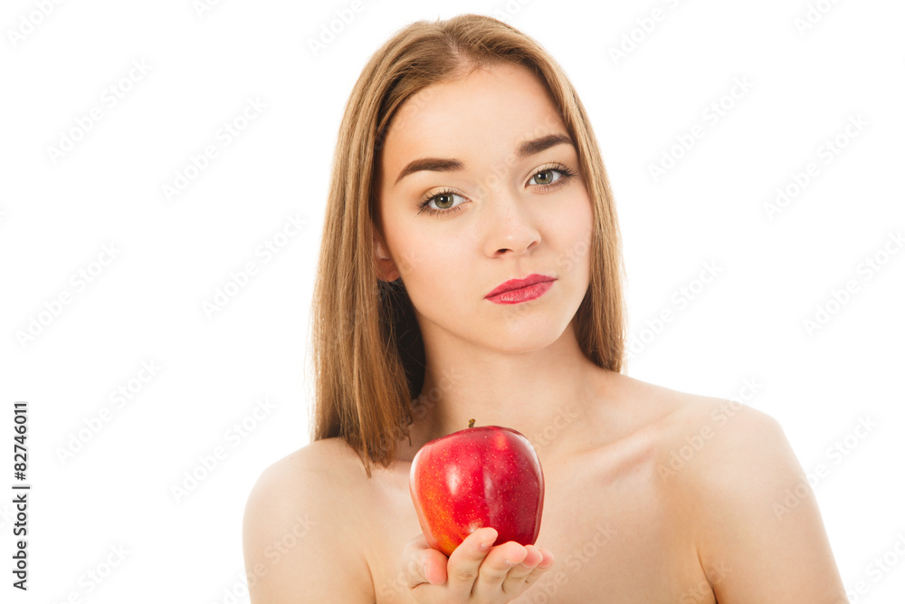 beautiful woman with red apple isolated beautiful woman with red apple isolated