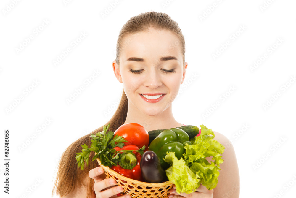 beautiful woman with vegetables isolated beautiful woman with vegetables isolated