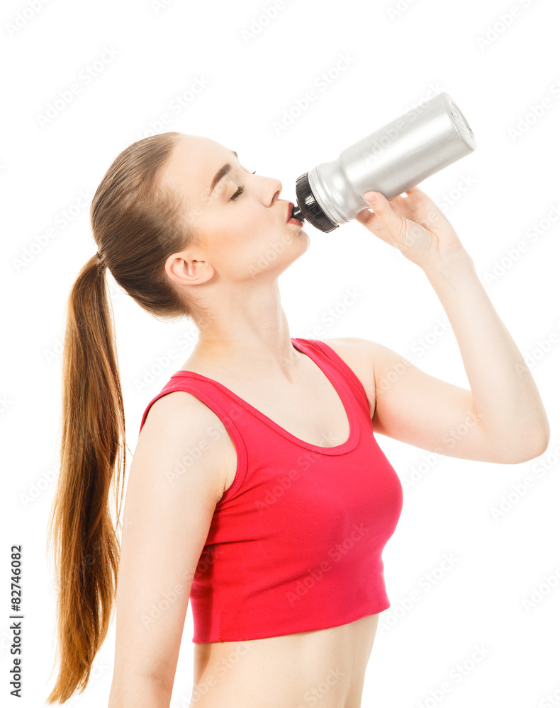 athletic girl drinks water after exercising isolated in white ba athletic girl drinks water after exercising isolated in white ba