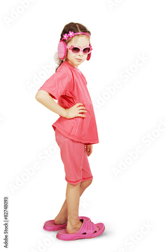 Little cute girl wearing pink clothes and big beach slippers