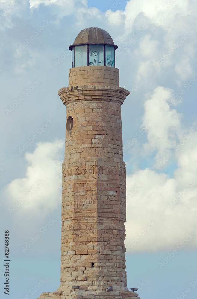 Lighthouse at the port of Rethymno, Crete island.