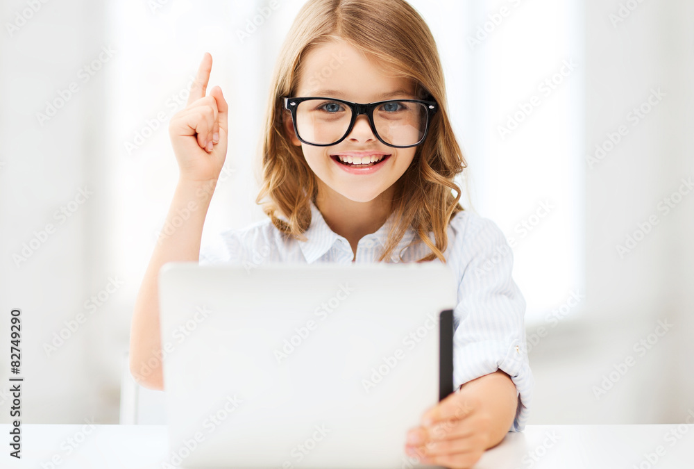smiling girl in glasses with tablet pc at school smiling girl in glasses with tablet pc at school