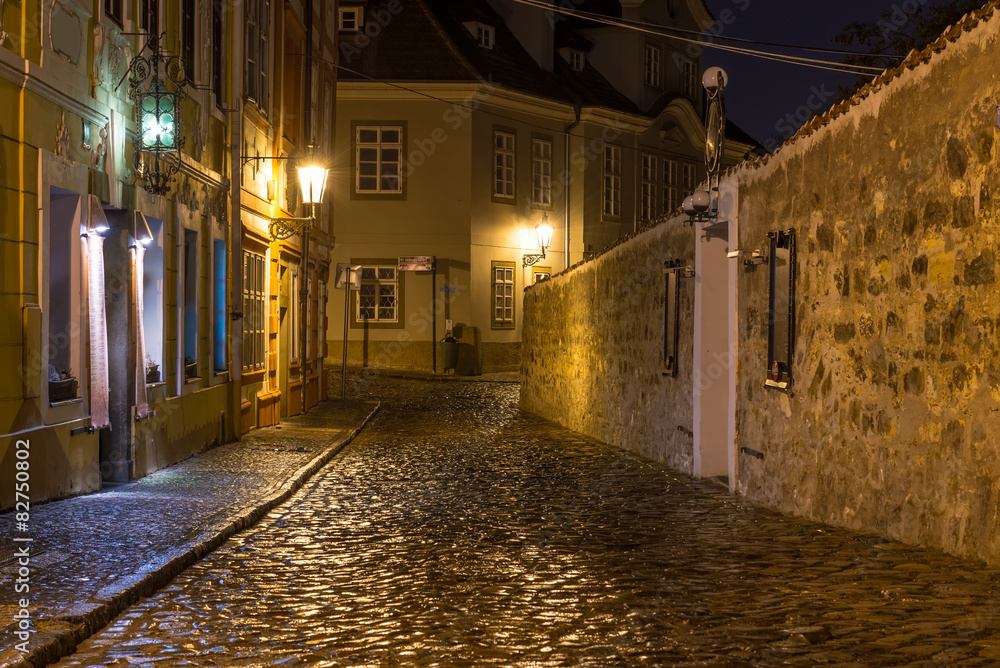 Old street of Hradcany in Prague at night. Czech Republic