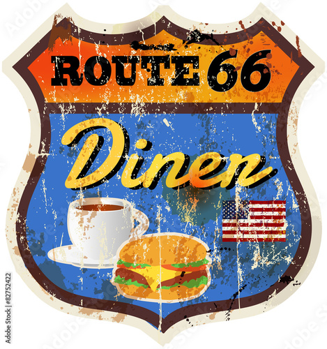 grungy route 66 diner sign, retro style, vector illustration