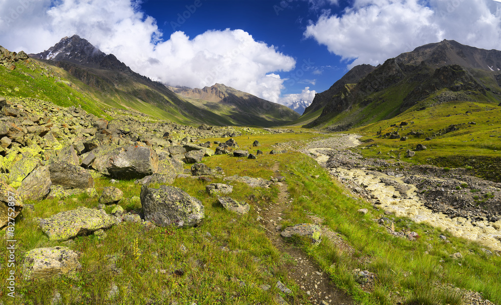 River and high mountains. Natural landscape