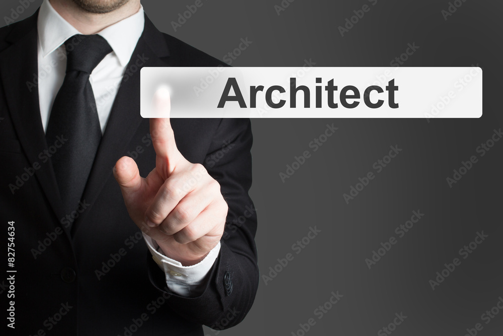 businessman pushing button architect businessman pushing button architect