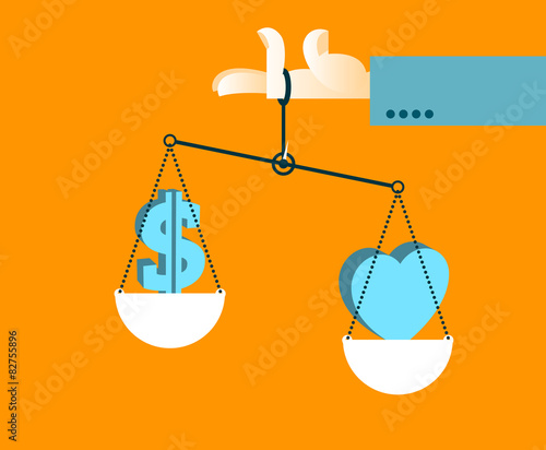 Hand holding scales with heart and money. Difficult choice