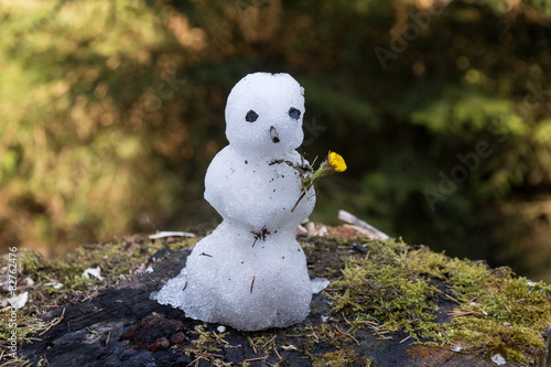 Kleiner Schneemann mit Blume im Frühling