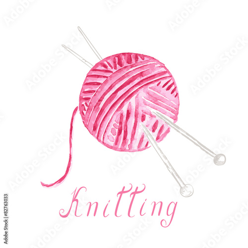 Watercolor ball of yarn with knitting needles