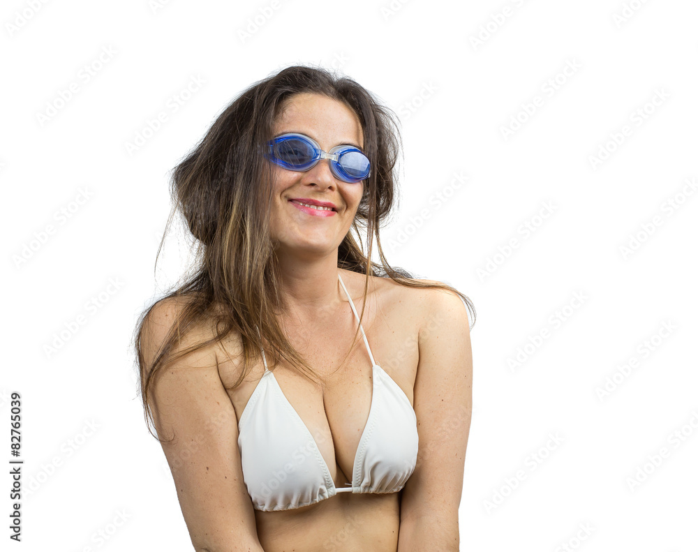 girl in beachwear with swimming goggles over white girl in beachwear with swimming goggles over white