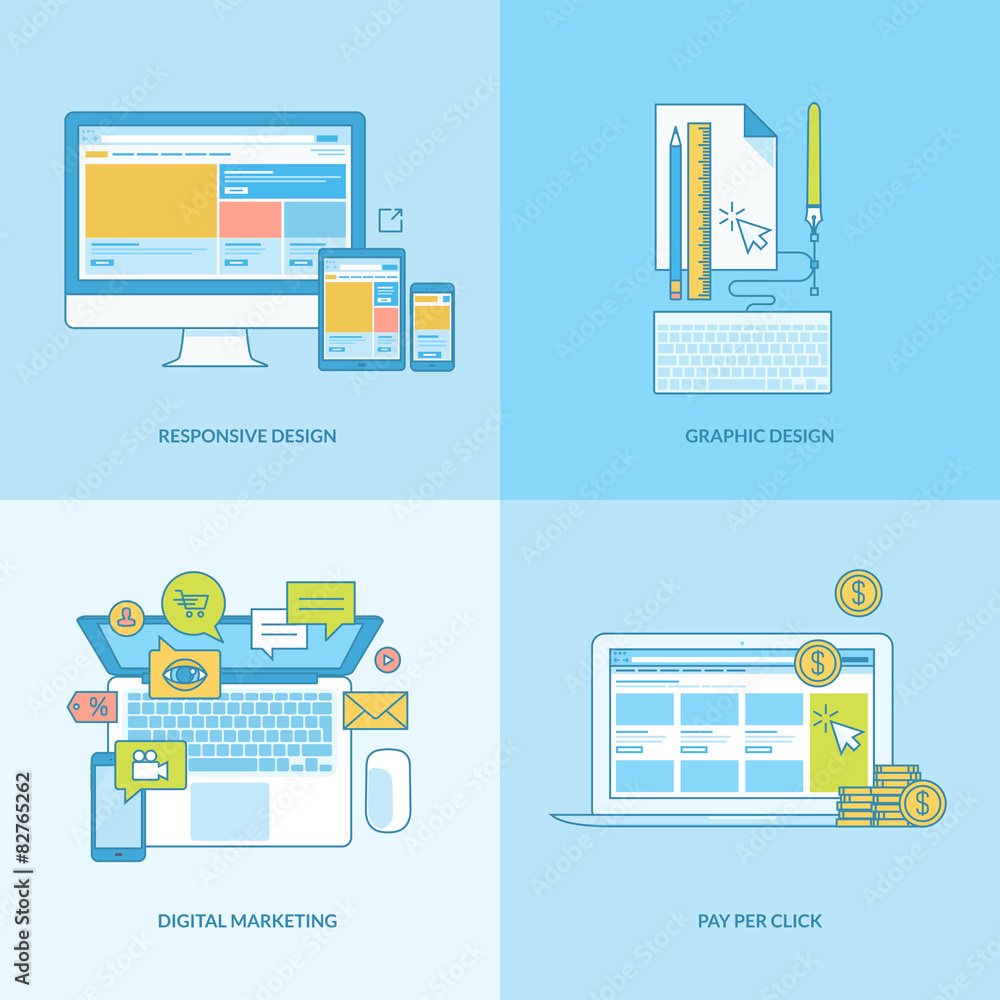 Set of line concept icons with flat design elements