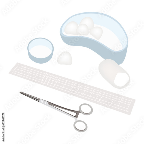 Scissors and Wound Dressing Supplies on White Background