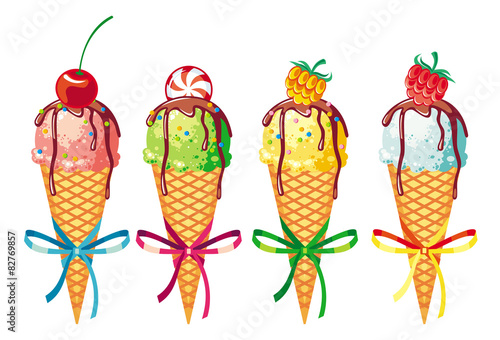 ice cream cones with berries isolated on a white background