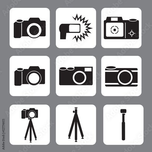 DSLR Camera, flash, tripod, monopod in vector icon,illustration