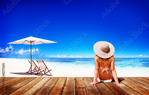 Canvas Print Woman Sunbathe Sunny Summer Beach Relaxing Concept
