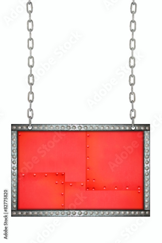 red plate with metal rivets signboard hanging on chains isolated
