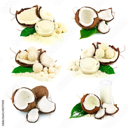 Coconut, coconut candy, cream, glass of coconut milk, green leaf