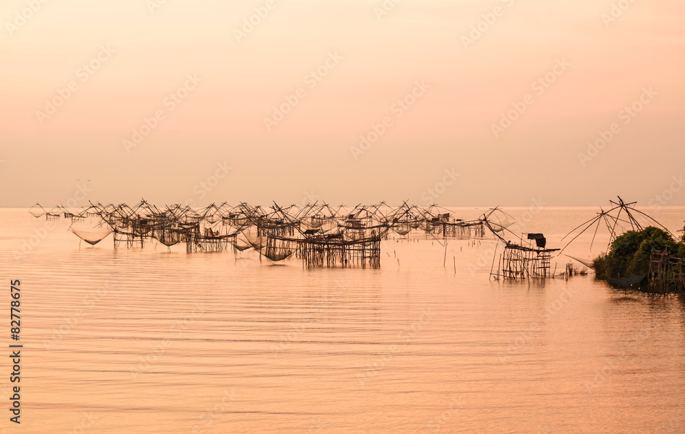 Thai style fishing trap in Pak Pra Village, Net Fishing Thailand