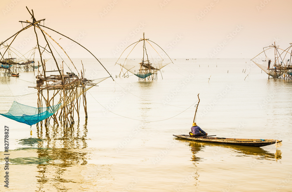 Thai style fishing trap in Pak Pra Village, Net Fishing Thailand