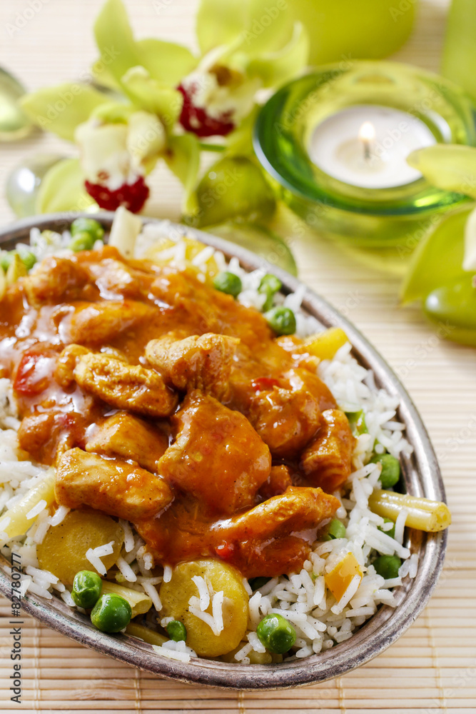 Chicken curry with basmati rice and green peas Chicken curry with basmati rice and green peas