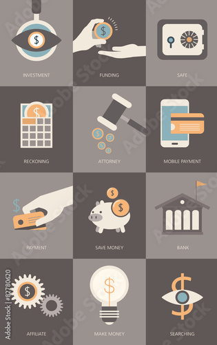 Finance and banking business concept modern  Flat icons set 