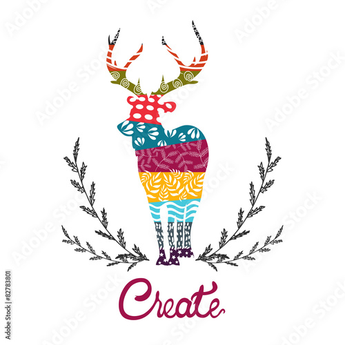 Vector poster with deer silhouette and floral twigs