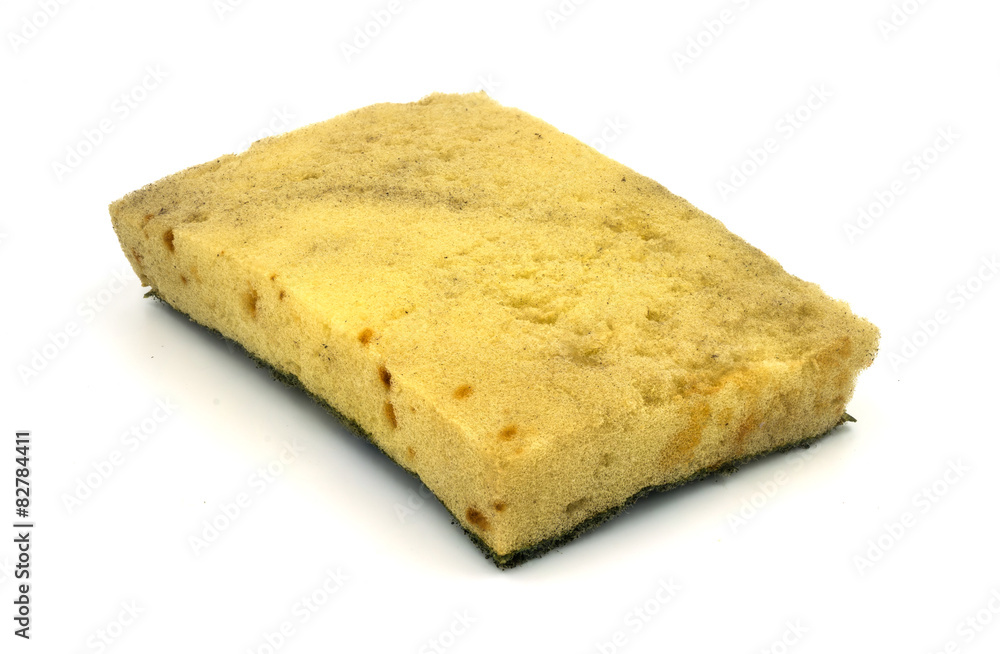 Old kitchen sponge on white background.