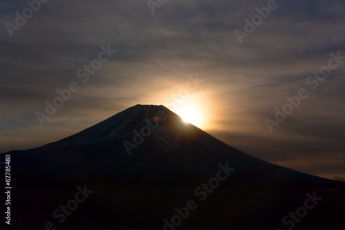 Silhouette of Mount Fuji, mysterious sun rise

