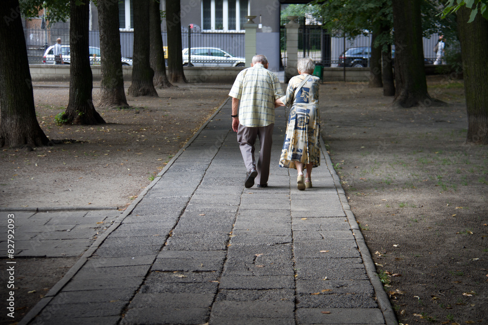 Old couple walking in the park