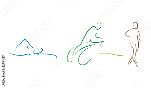Logo, Triatlon - schwimmen, laufen, radfahren, sportliche Aktivität, Training durch Ausdauer errreichen, Muskeln aufbauen und fitness erreichen