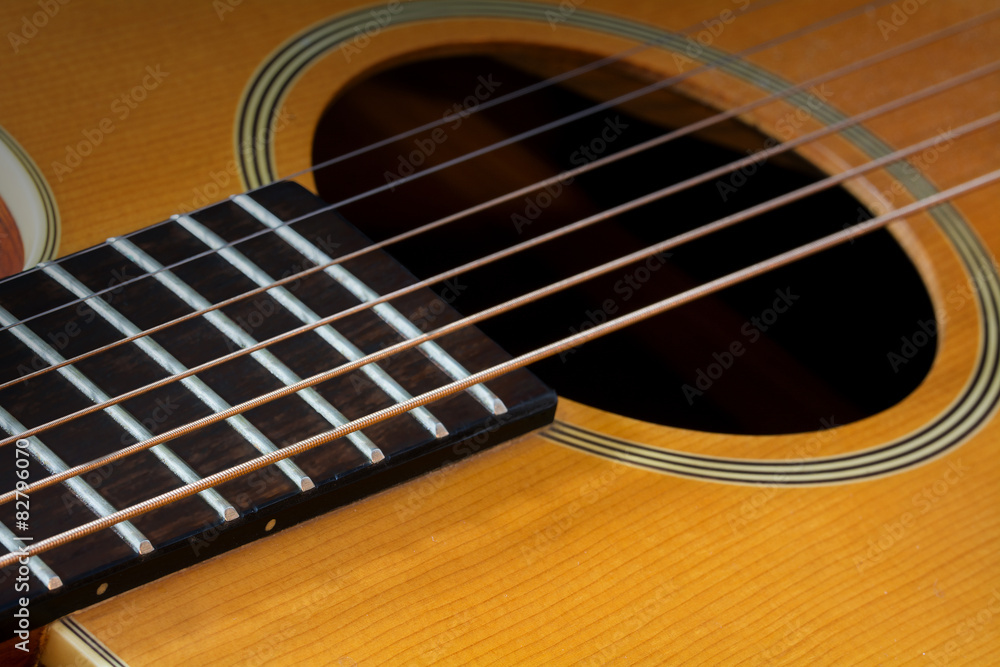 guitar fretboard and sound hole, detail guitar fretboard and sound hole, detail