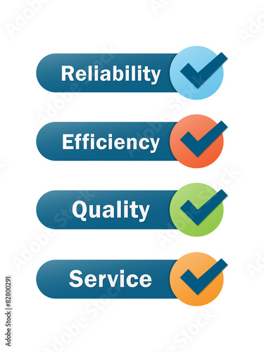 RELIABILITY EFFICIENCY QUALITY SERVICE icons with tick